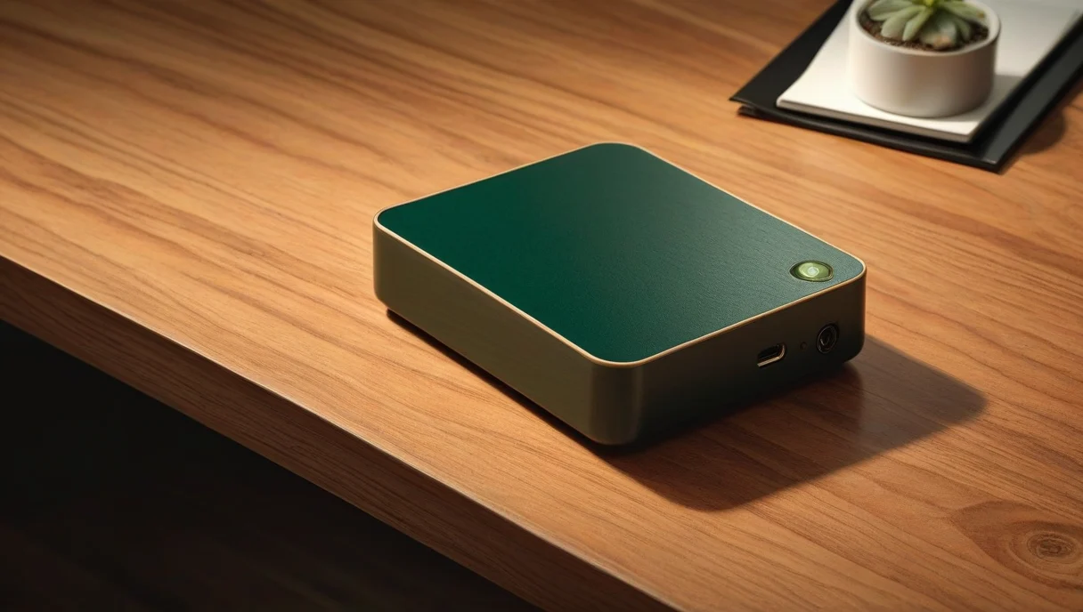 Green single board computer in a plain black case