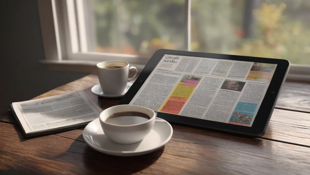 Tablet showing a content feed next to a coffee cup