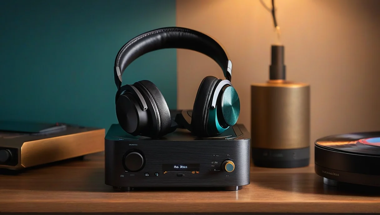 Wireless headphones on a desk next to a music server
