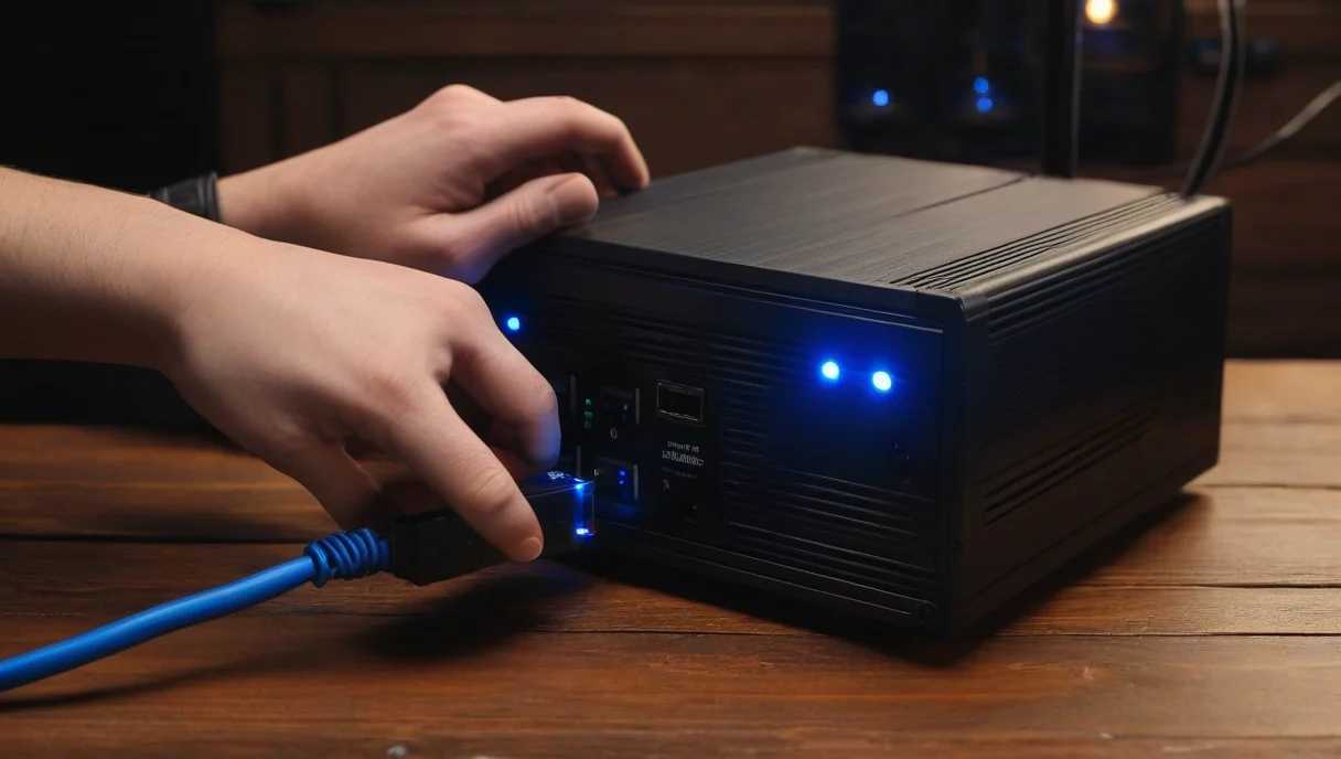 Hands plugging an ethernet cable into a small home server