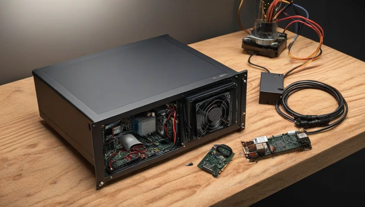 Home server with its side panel off on a wooden workbench with test equipment