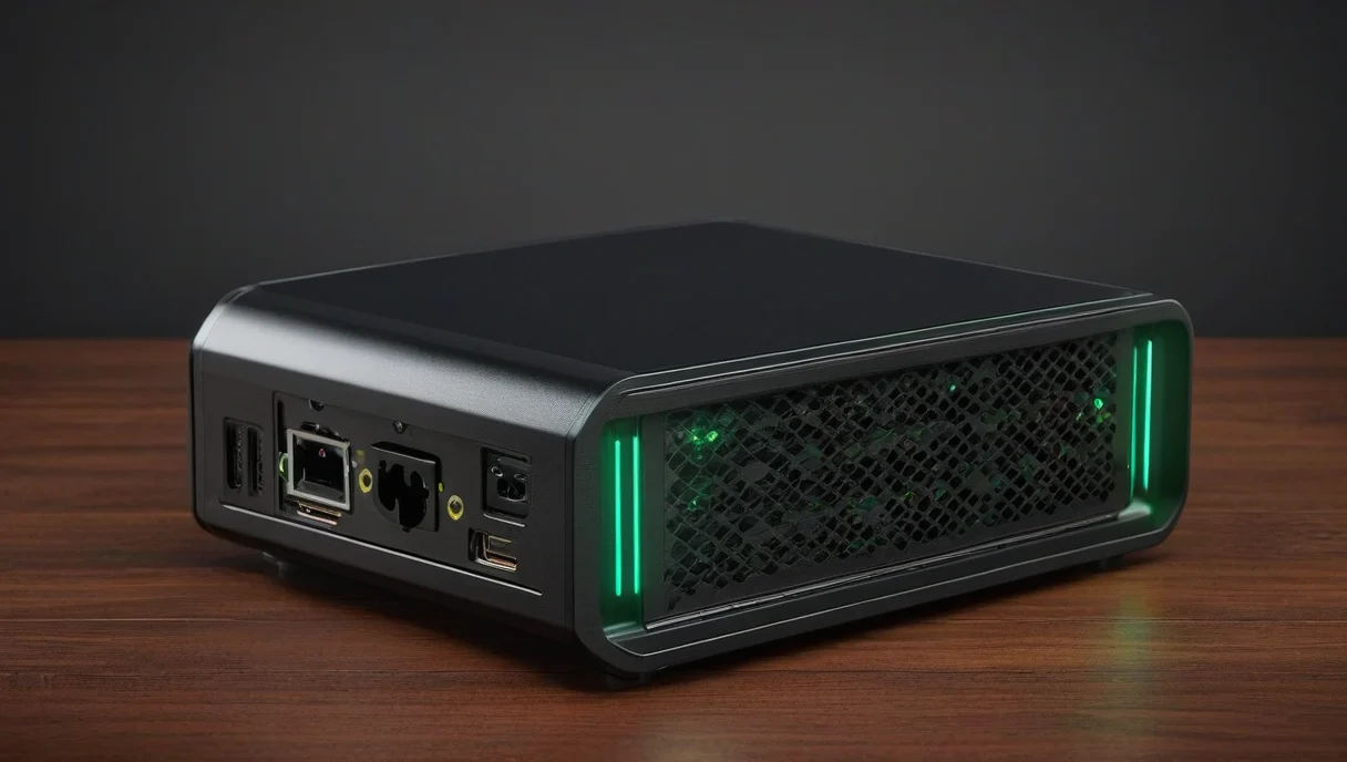 Compact black mini PC home server on a wooden desk